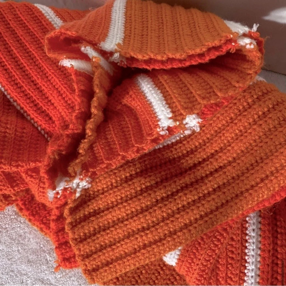 Vintage Handmade  Orange Striped Crochet Knit Afghan Throw Blanket - Picture 14 of 16
